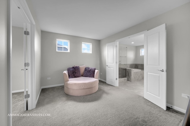 sitting room with carpet flooring and baseboards