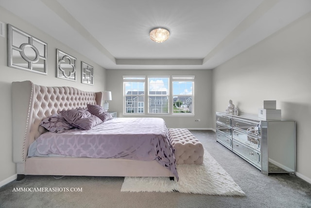 carpeted bedroom with baseboards and a raised ceiling