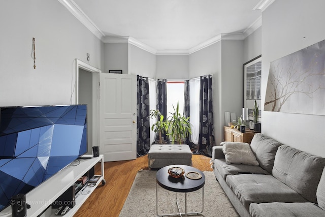 living area featuring ornamental molding and wood finished floors