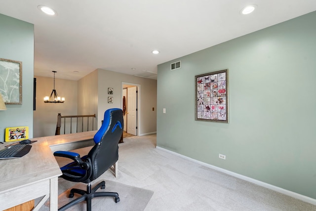 1125 Ironwood Ct, Elgin, IL 60120 - office space featuring light colored carpet, baseboards, recessed lighting, and a chandelier