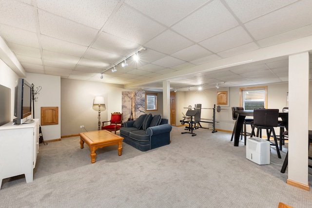 1125 Ironwood Ct, Elgin, IL 60120 - living room featuring rail lighting, light colored carpet, baseboards, and a drop ceiling