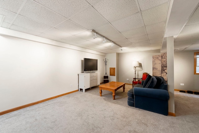 1125 Ironwood Ct, Elgin, IL 60120 - living room featuring rail lighting, carpet, baseboards, and a drop ceiling