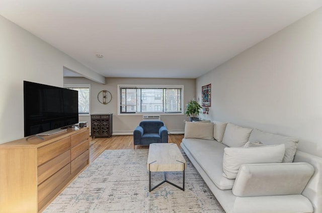 living area featuring wood finished floors, a baseboard heating unit, and baseboards