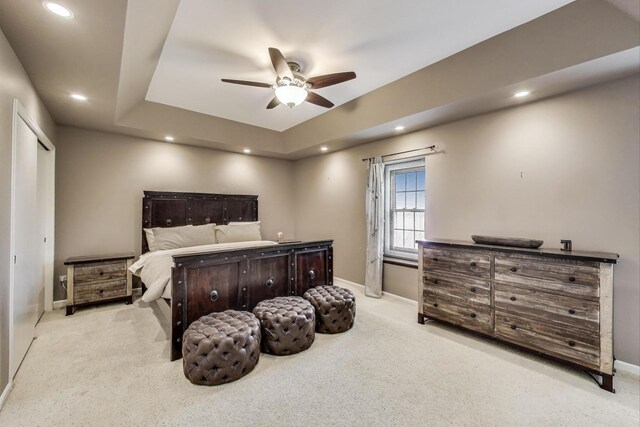 705 Skye Ln, Inverness, IL 60010 - bedroom featuring light colored carpet, baseboards, recessed lighting, ceiling fan, and a raised ceiling
