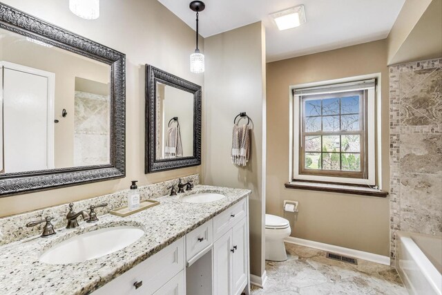 705 Skye Ln, Inverness, IL 60010 - bathroom with toilet, baseboards, a bathtub, double vanity, and a shower