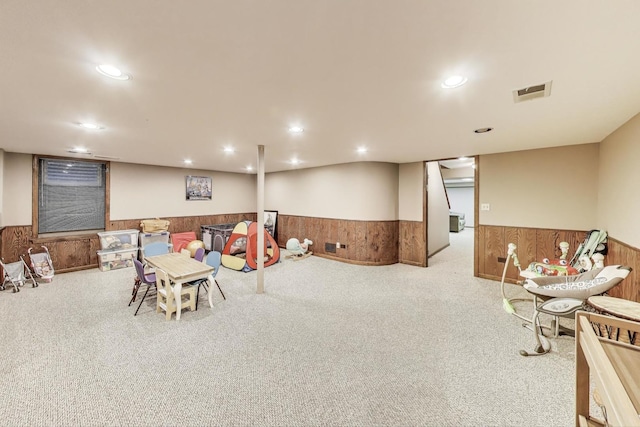 705 Skye Ln, Inverness, IL 60010 - game room with wainscoting, carpet flooring, wooden walls, and recessed lighting