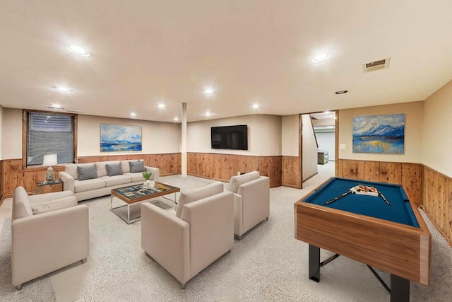 705 Skye Ln, Inverness, IL 60010 - recreation room featuring wainscoting, wooden walls, billiards table, light colored carpet, and recessed lighting