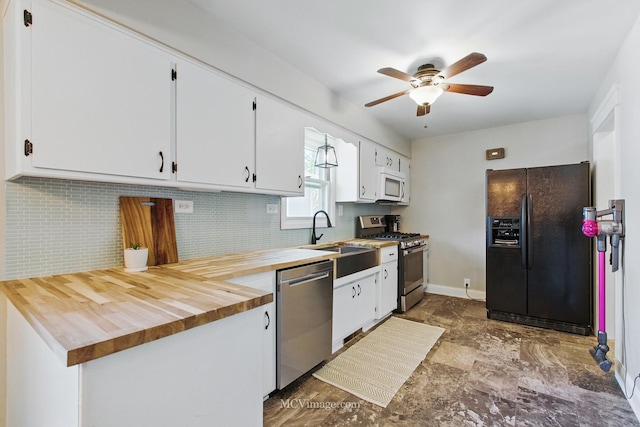 19535 Midland Ave, Mokena, IL 60448 - kitchen featuring stainless steel appliances, backsplash, a ceiling fan, a sink, and white cabinets