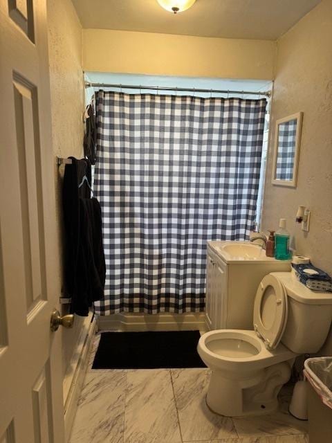 bathroom featuring toilet, a sink, and curtained shower