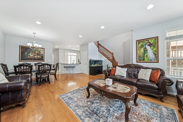 1892 Keystone Pl, Schaumburg, IL 60193 - living area with a chandelier, stairs, light wood-type flooring, recessed lighting, and baseboards