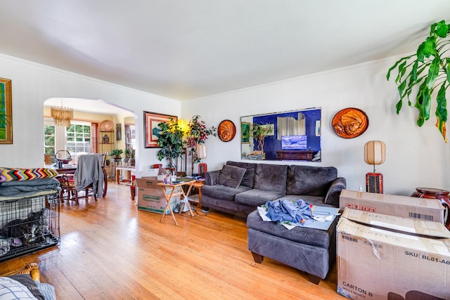 9245 S Justine St, Chicago, IL 60620 - living area with arched walkways, light wood-type flooring, and crown molding