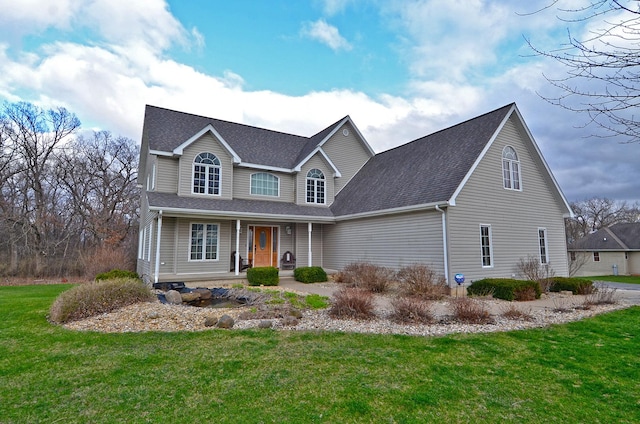 traditional-style house with a front lawn, a shingled roof, and covered porch