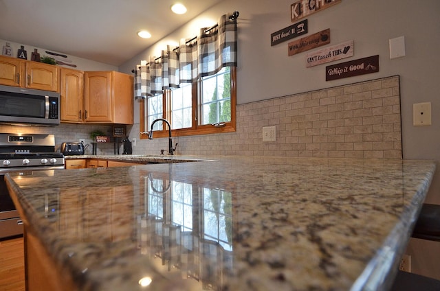 kitchen featuring appliances with stainless steel finishes, decorative backsplash, light stone counters, a sink, and wood finished floors