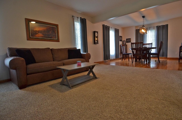 living room featuring baseboards, wood finished floors, and beamed ceiling