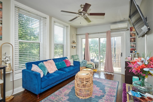 213 W Wisconsin St, Chicago, IL 60614 - living area featuring an AC wall unit, wood finished floors, ceiling fan, and baseboards