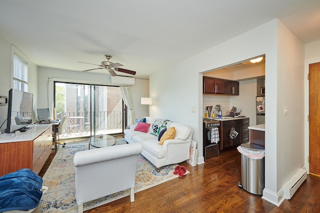 213 W Wisconsin St, Chicago, IL 60614 - living area featuring ceiling fan, dark wood-type flooring, a baseboard radiator, and baseboards