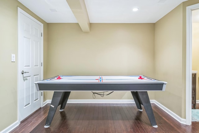 rec room featuring baseboards, wood finished floors, beam ceiling, and recessed lighting