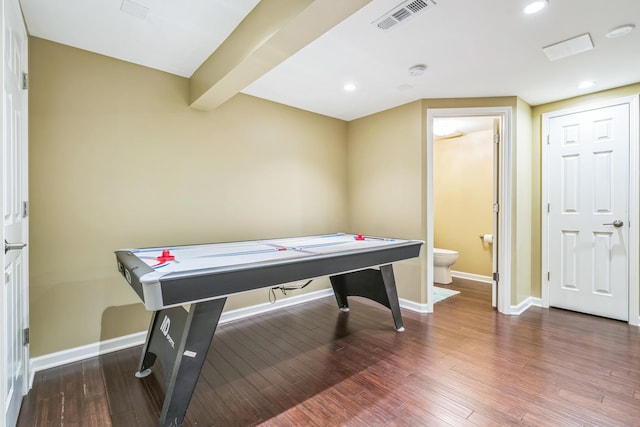 playroom with baseboards, hardwood / wood-style floors, recessed lighting, and beamed ceiling