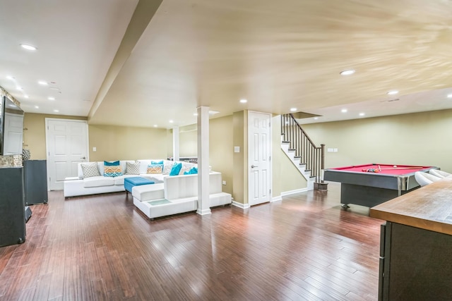 living area featuring stairway, wood finished floors, billiards, recessed lighting, and baseboards