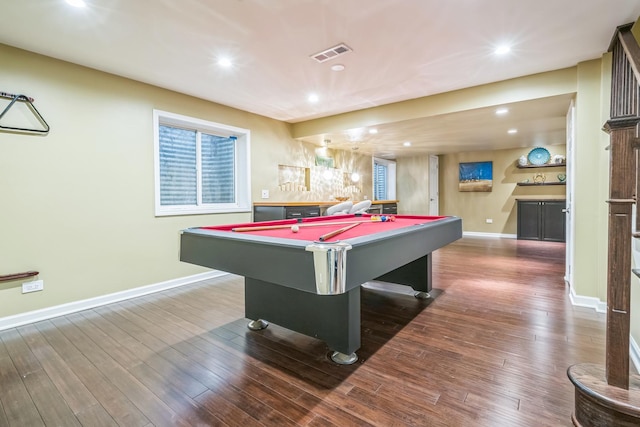 playroom with wood finished floors, baseboards, recessed lighting, and pool table