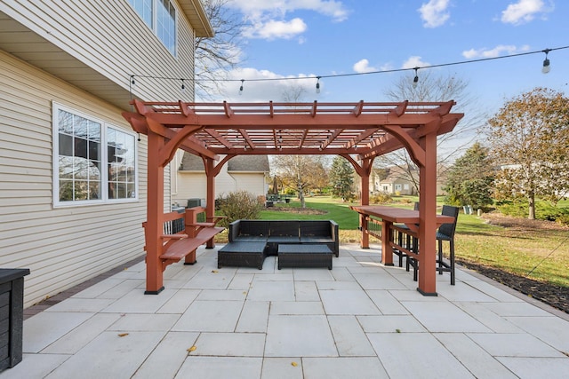 view of patio / terrace featuring an outdoor hangout area, a pergola, and outdoor dining space