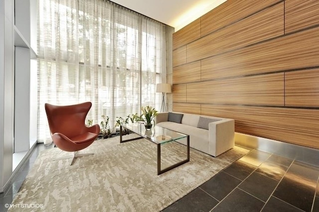 building lobby featuring wood walls