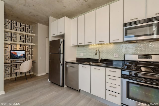 kitchen featuring appliances with stainless steel finishes, a sink, light wood-style flooring, backsplash, and white cabinets