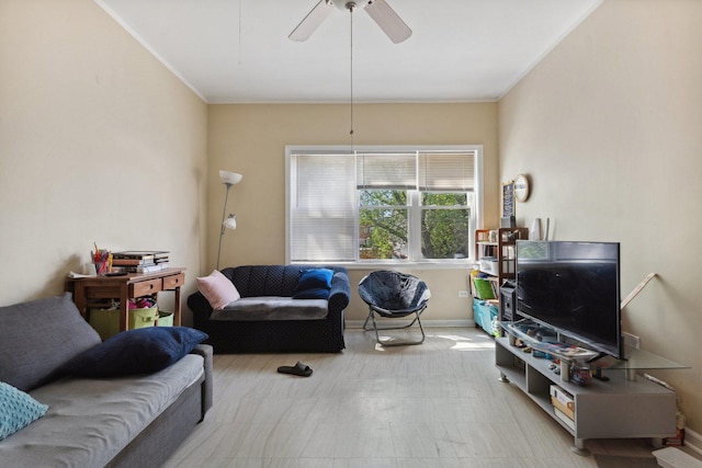 1443 W 49th Pl, Chicago, IL 60609 - living room with ornamental molding, baseboards, and ceiling fan