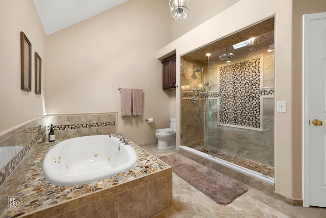 2708 Chittenden Ct, Naperville, IL 60564 - full bath featuring toilet, a tub with jets, a shower stall, and lofted ceiling