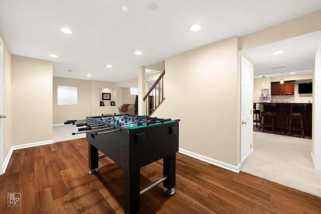 2708 Chittenden Ct, Naperville, IL 60564 - recreation room with bar with sink, wood finished floors, baseboards, and recessed lighting