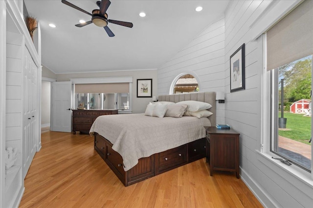208 N Pkwy, Prospect Heights, IL 60070 - bedroom with vaulted ceiling, access to outside, light wood-type flooring, ceiling fan, and recessed lighting