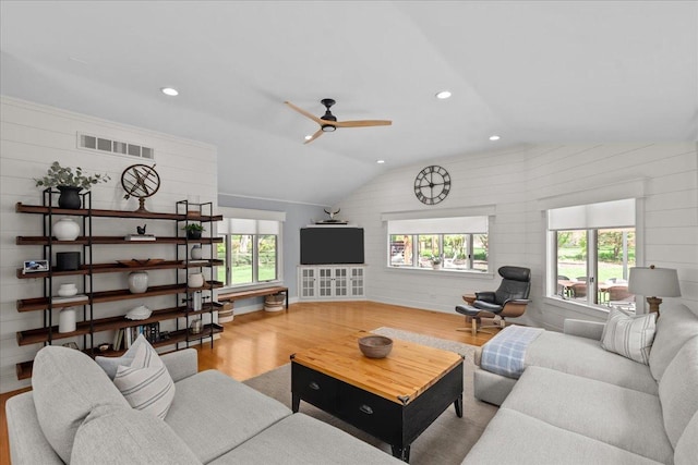 208 N Pkwy, Prospect Heights, IL 60070 - living area with wood finished floors, vaulted ceiling, plenty of natural light, ceiling fan, and recessed lighting