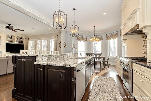 75 N Lake Ave, Third Lake, IL 60030 - kitchen featuring stainless steel appliances, open floor plan, dark wood-type flooring, a chandelier, and crown molding