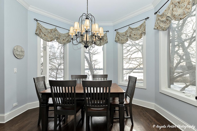 75 N Lake Ave, Third Lake, IL 60030 - dining room with a chandelier, ornamental molding, dark wood-type flooring, and baseboards