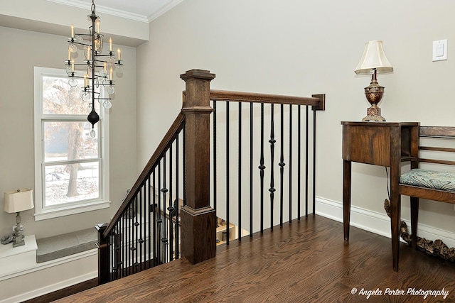 75 N Lake Ave, Third Lake, IL 60030 - stairs with ornamental molding, wood finished floors, baseboards, and a chandelier