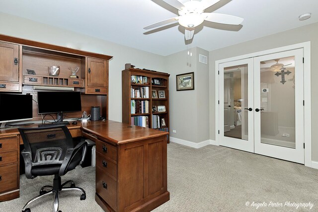75 N Lake Ave, Third Lake, IL 60030 - home office featuring french doors, ceiling fan, light carpet, and baseboards