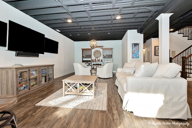 75 N Lake Ave, Third Lake, IL 60030 - living room featuring stairs, baseboards, wood finished floors, and decorative columns