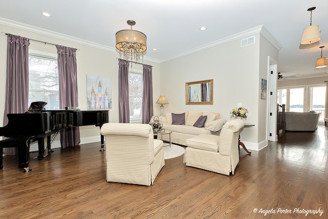 75 N Lake Ave, Third Lake, IL 60030 - living area with baseboards, dark wood-style flooring, ornamental molding, recessed lighting, and a ceiling fan