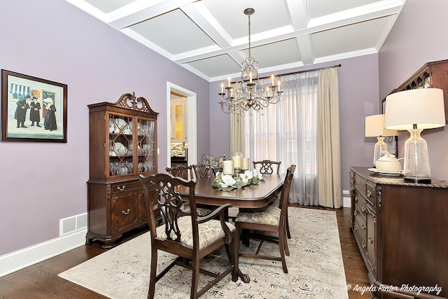 75 N Lake Ave, Third Lake, IL 60030 - dining area featuring a chandelier, dark wood-style flooring, coffered ceiling, baseboards, and beamed ceiling