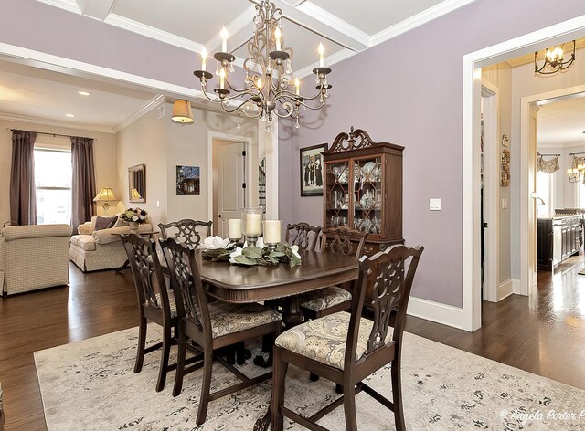 75 N Lake Ave, Third Lake, IL 60030 - dining space featuring a chandelier, dark wood-style floors, baseboards, ornamental molding, and recessed lighting