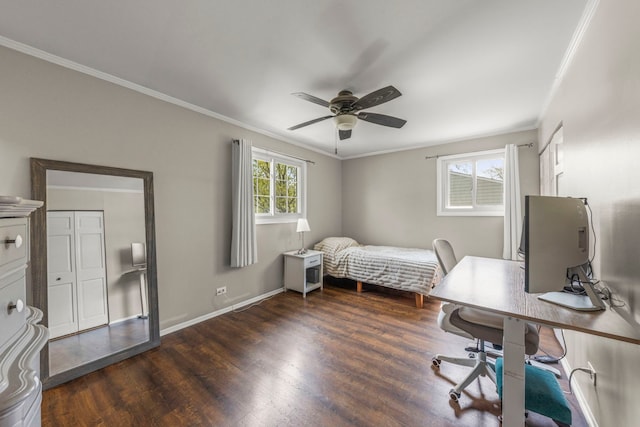 1984 Nottingham Ln, Wheaton, IL 60189 - bedroom with crown molding, dark wood finished floors, an office area, baseboards, and a ceiling fan
