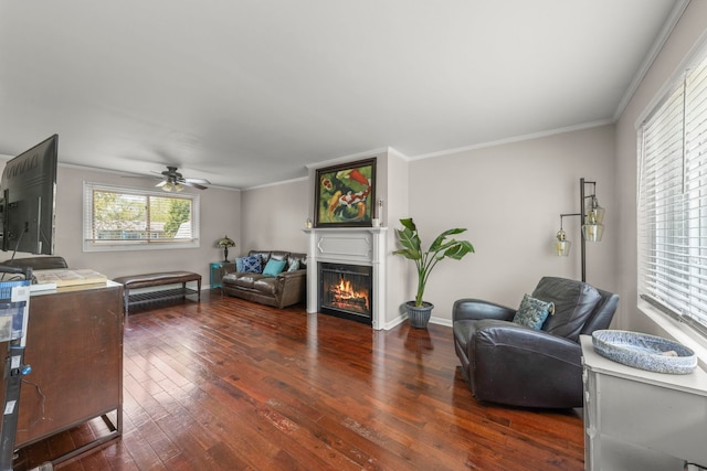 1984 Nottingham Ln, Wheaton, IL 60189 - living room with hardwood / wood-style flooring, a warm lit fireplace, ornamental molding, a ceiling fan, and baseboards