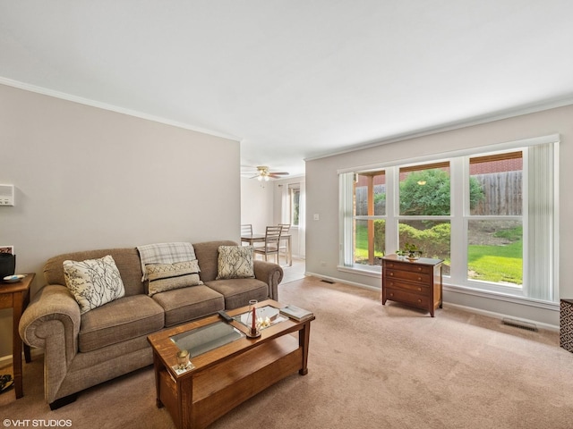 751 Sterling Ct Unit D1, Bartlett, IL 60103 - living room with crown molding, light colored carpet, and ceiling fan