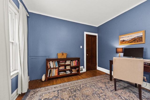 2749 Reese Ave, Evanston, IL 60201 - office area featuring wood finished floors, crown molding, and baseboards