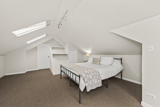 2749 Reese Ave, Evanston, IL 60201 - carpeted bedroom with rail lighting, a skylight, vaulted ceiling, and baseboards