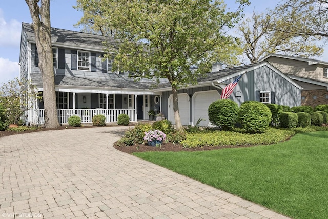 816 S Hamlin Ave, Park Ridge, IL 60068 - view of front facade featuring a porch, decorative driveway, a garage, a front yard, and a chimney