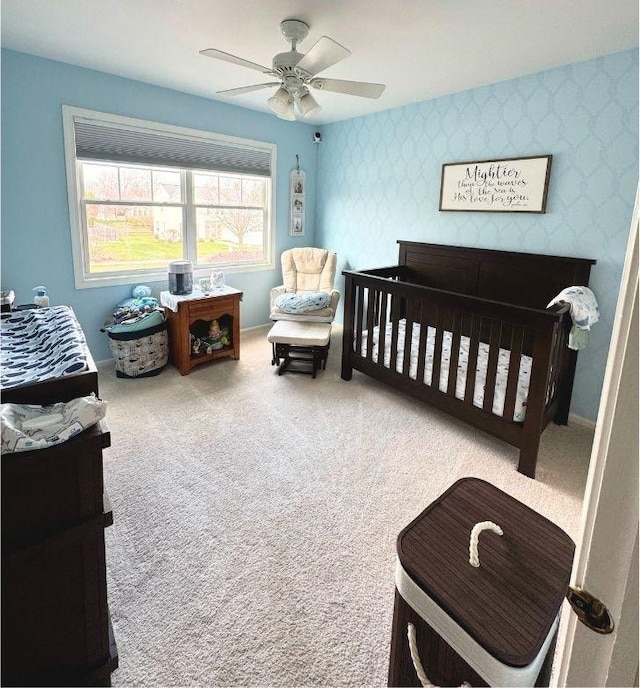 500 Shallow Cove Rd, Lake Zurich, IL 60047 - bedroom with carpet, wallpapered walls, an accent wall, ceiling fan, and a nursery area