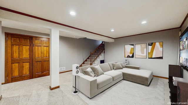 500 Shallow Cove Rd, Lake Zurich, IL 60047 - living room featuring recessed lighting, stairs, baseboards, and crown molding