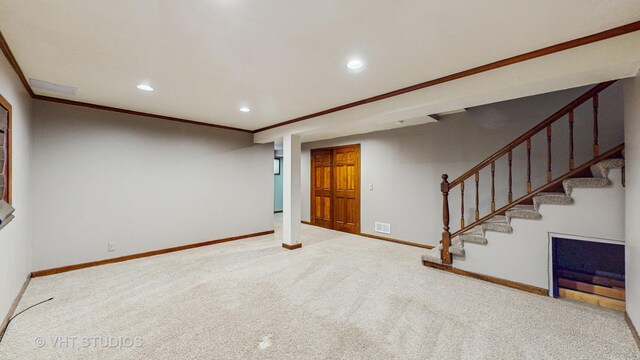500 Shallow Cove Rd, Lake Zurich, IL 60047 - finished below grade area with baseboards, stairway, carpet, recessed lighting, and ornamental molding