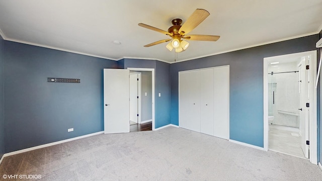 2525 Ridge Rd, Aurora, IL 60504 - unfurnished bedroom featuring ornamental molding, carpet flooring, a closet, baseboards, and ensuite bathroom